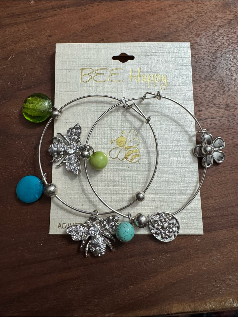 BEE Happy Silvertoned Beaded Bumble Bee & Flower Dangle Charm Bangle Bracelets
